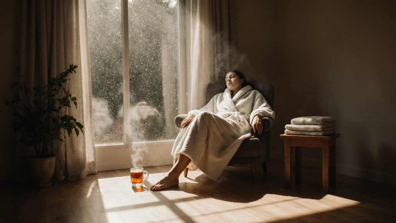 Person resting peacefully after a massage, wrapped in a robe, with tea and sunlight creating a serene atmosphere.