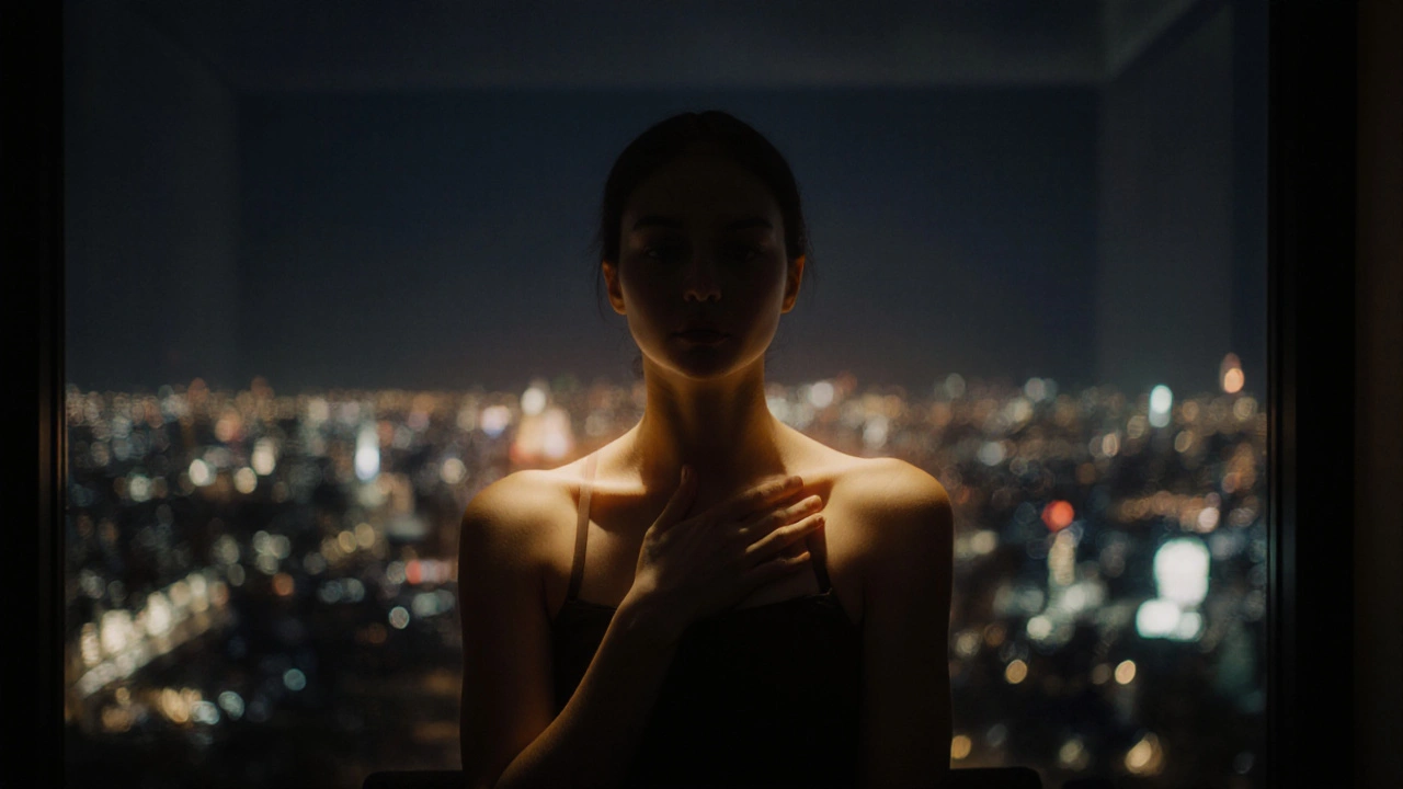Person sitting calmly after massage, golden glow from shoulders, blurred city lights outside, deep relaxation.