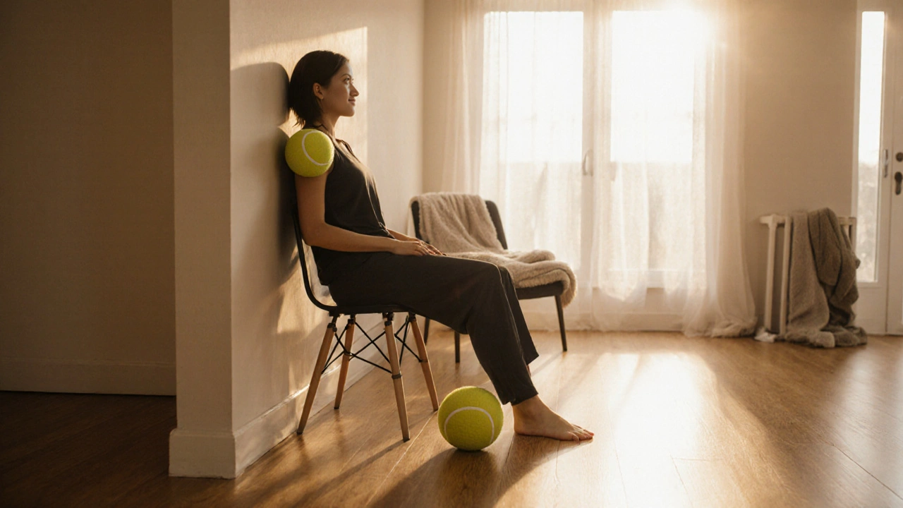 Someone using a tennis ball against a wall to relieve shoulder tension at home.