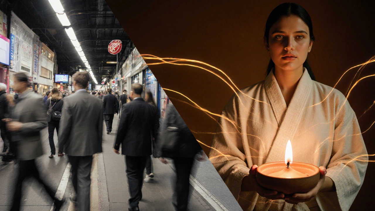 Split image: busy London commuters vs. peaceful person restored by Indian massage with warm golden light.
