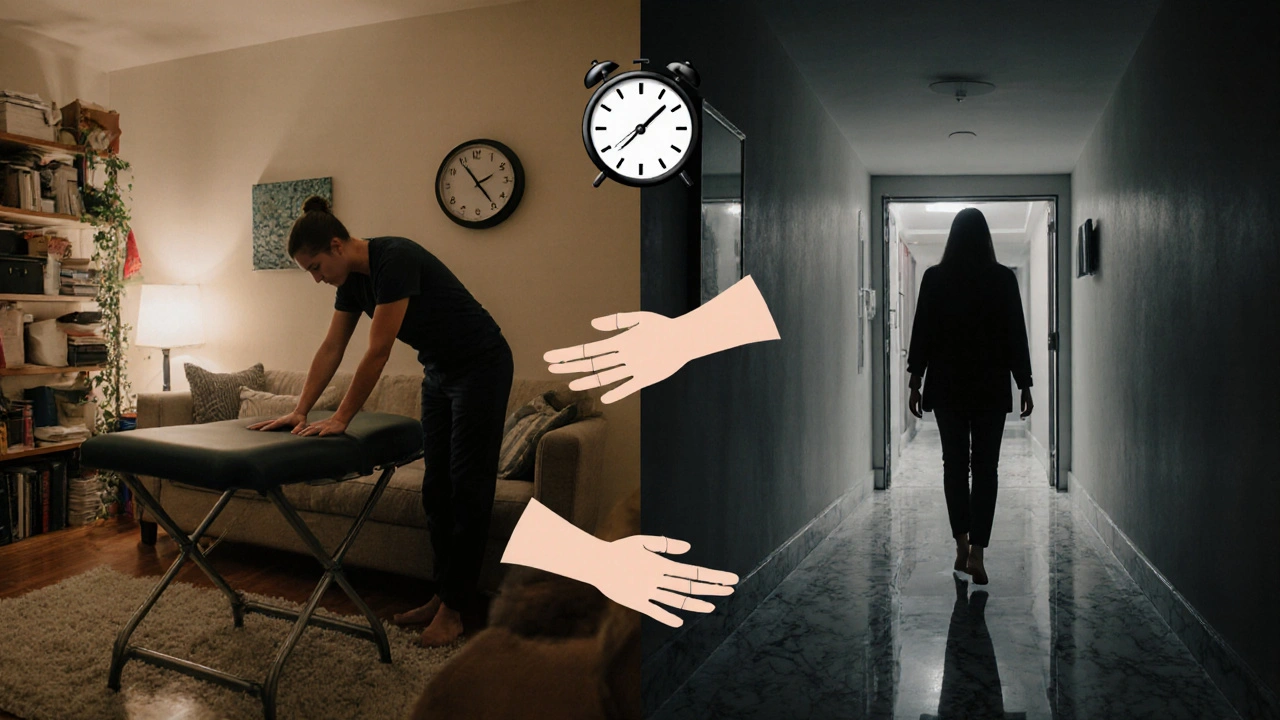 Split image contrasting home massage convenience with spa luxury, both showing identical therapeutic hands at work.