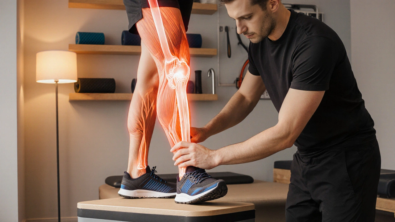 Sports massage therapist assessing a runner&#039;s gait in a clinic, using hands to evaluate muscle tension.