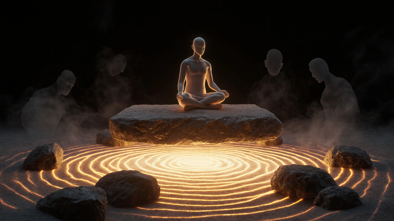 Surreal image of a floating figure surrounded by glowing stones emitting heat waves, symbolizing relaxation.