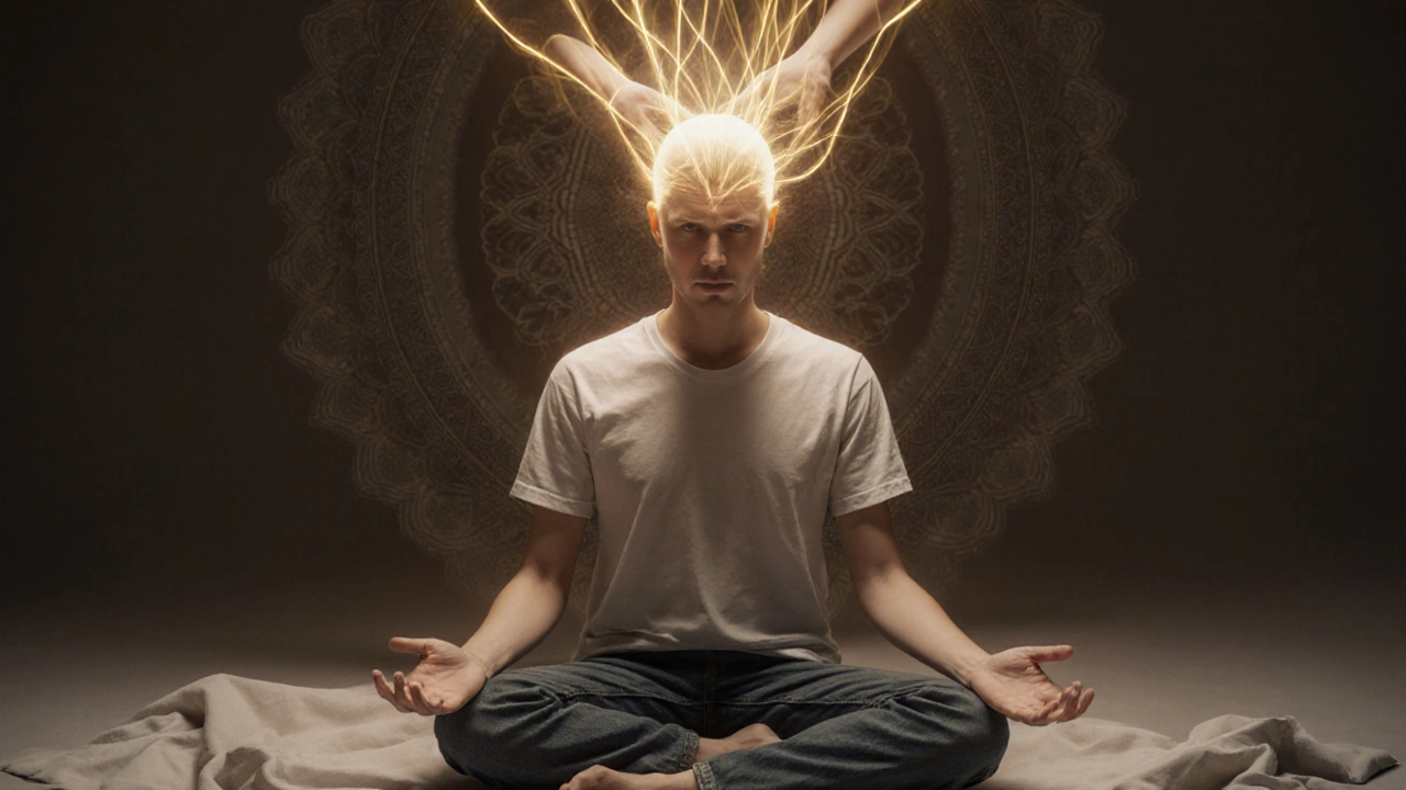 Symbolic image of energy flow during Indian head massage, golden light radiating from scalp through clothing.