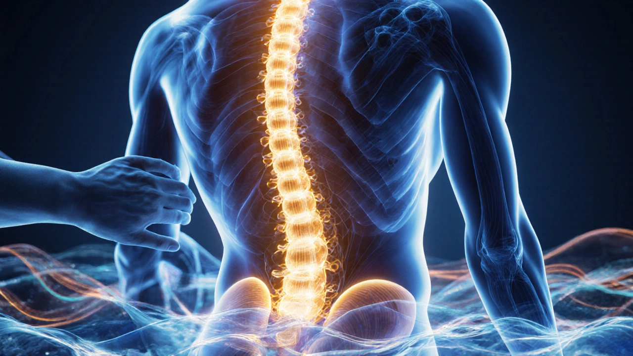 Symbolic image of energy lines dissolving tension in the body, blending anatomy with Thai artistic motifs.