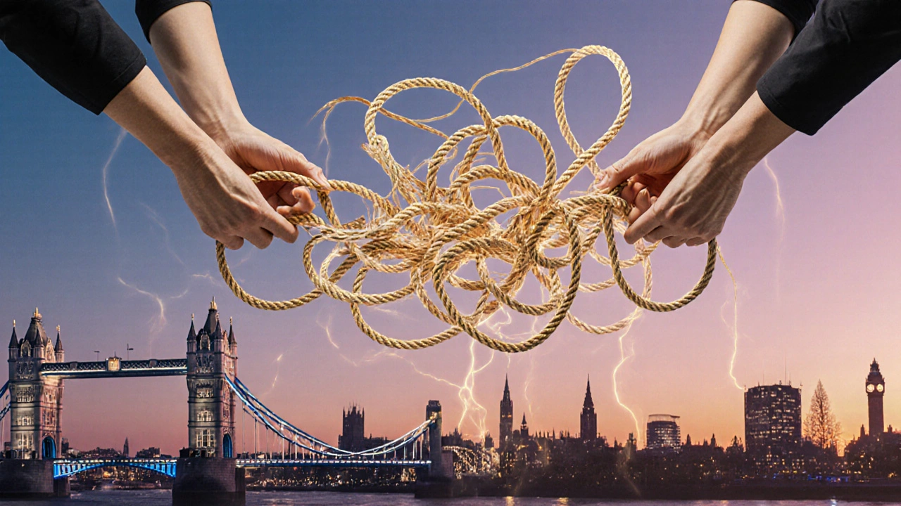 Tangled ropes turning into smooth muscle fibers, symbolizing recovery and improved movement with golden circulation lines.