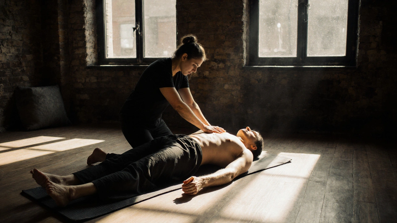 Thai massage on a floor mat in Shoreditch, therapist guiding a client through deep stretches with natural sunlight.