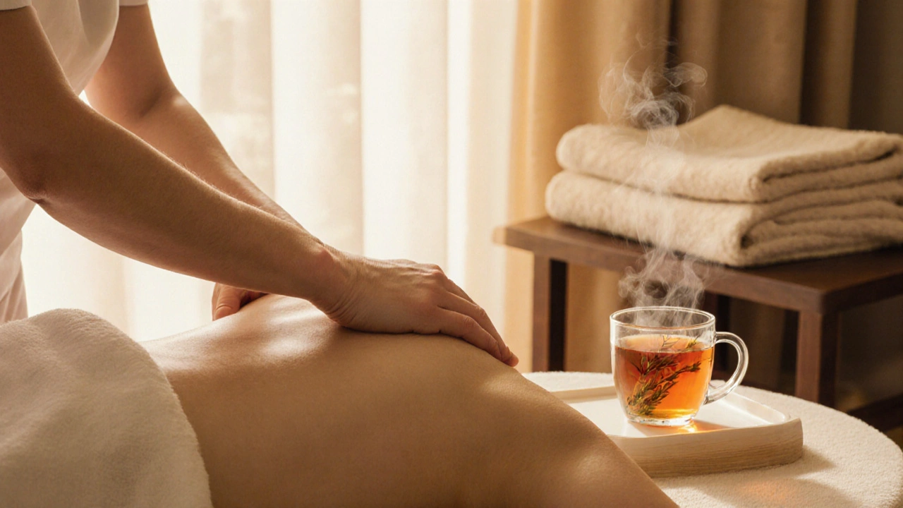 Therapist&#039;s hands performing gentle lymphatic massage on a draped back, golden light, herbal tea nearby.