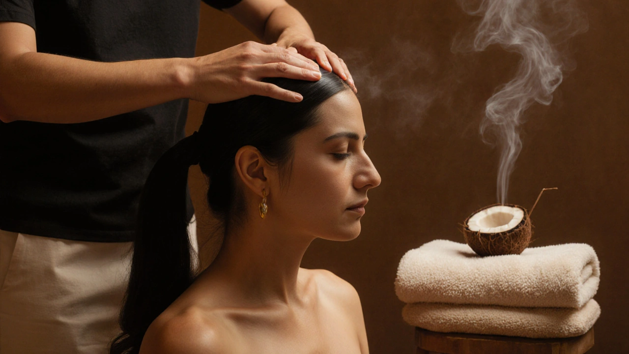 Therapist performing Indian Head Massage on a client&#039;s scalp, neck, and shoulders with warm oil.