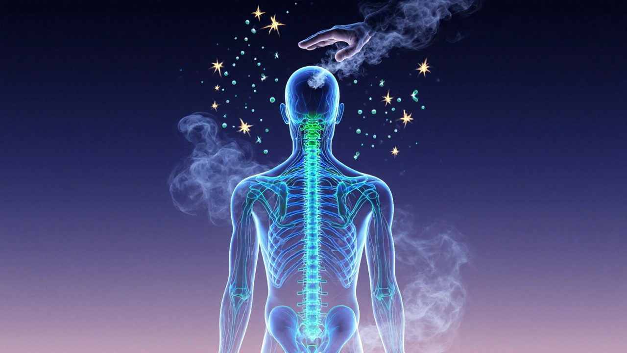 Transparent human figure with glowing nervous system, cortisol dissolving as serotonin rises in calm blue and green tones.