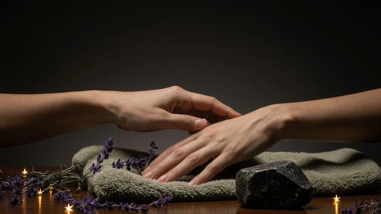 Two hands gently interlocked on a towel, with lavender and a warm stone nearby, symbolizing quiet connection and healing touch.