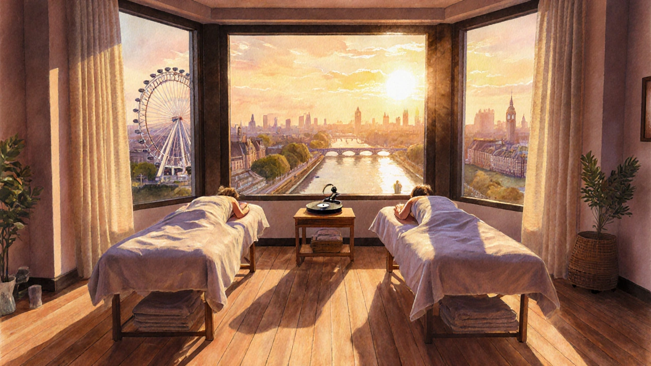 Two people receiving massage on a rooftop as sunset lights up the London Eye and Thames.