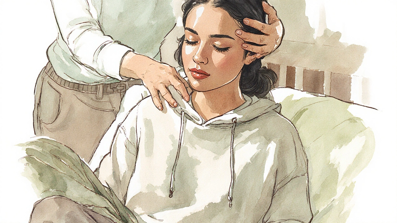 Woman in a light hoodie getting a head massage at home, blanket on lap, eyes closed in relaxation.