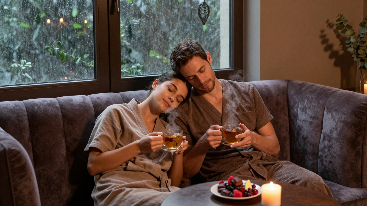 A couple relaxing together after a massage, holding tea cups in a quiet spa lounge.