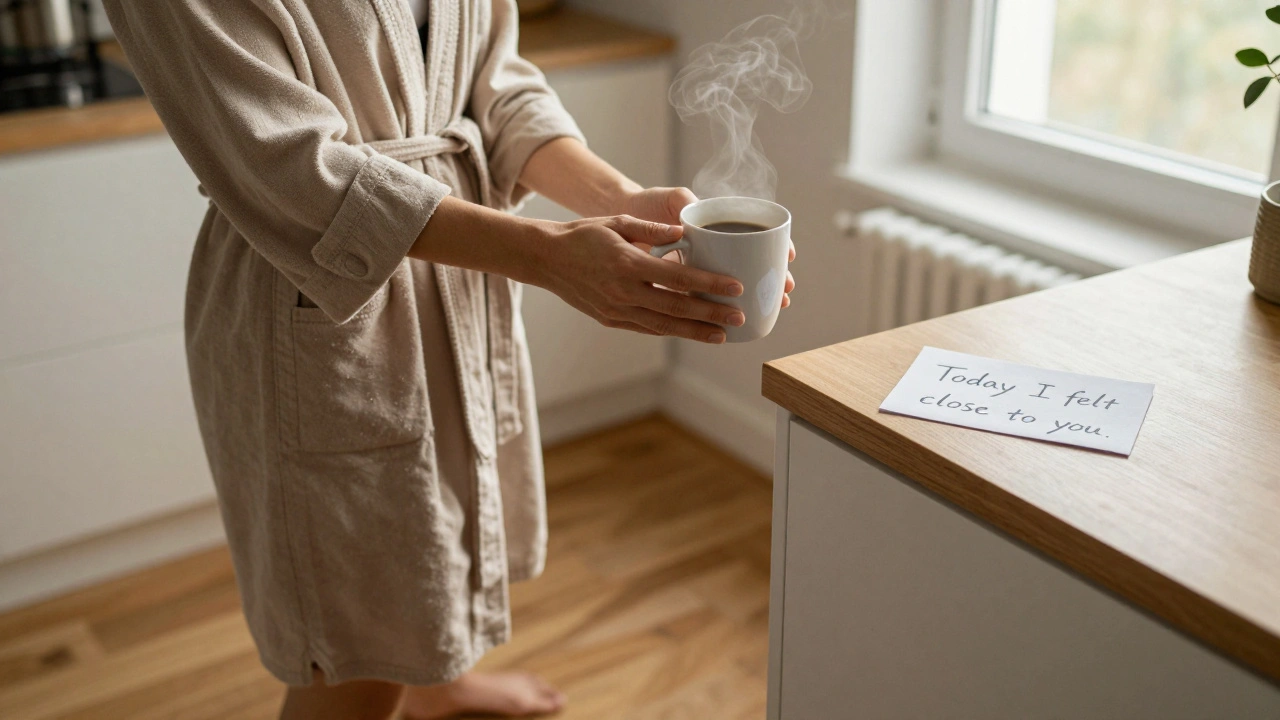 A couple sharing silent coffee in the morning, a handwritten note visible on the counter.