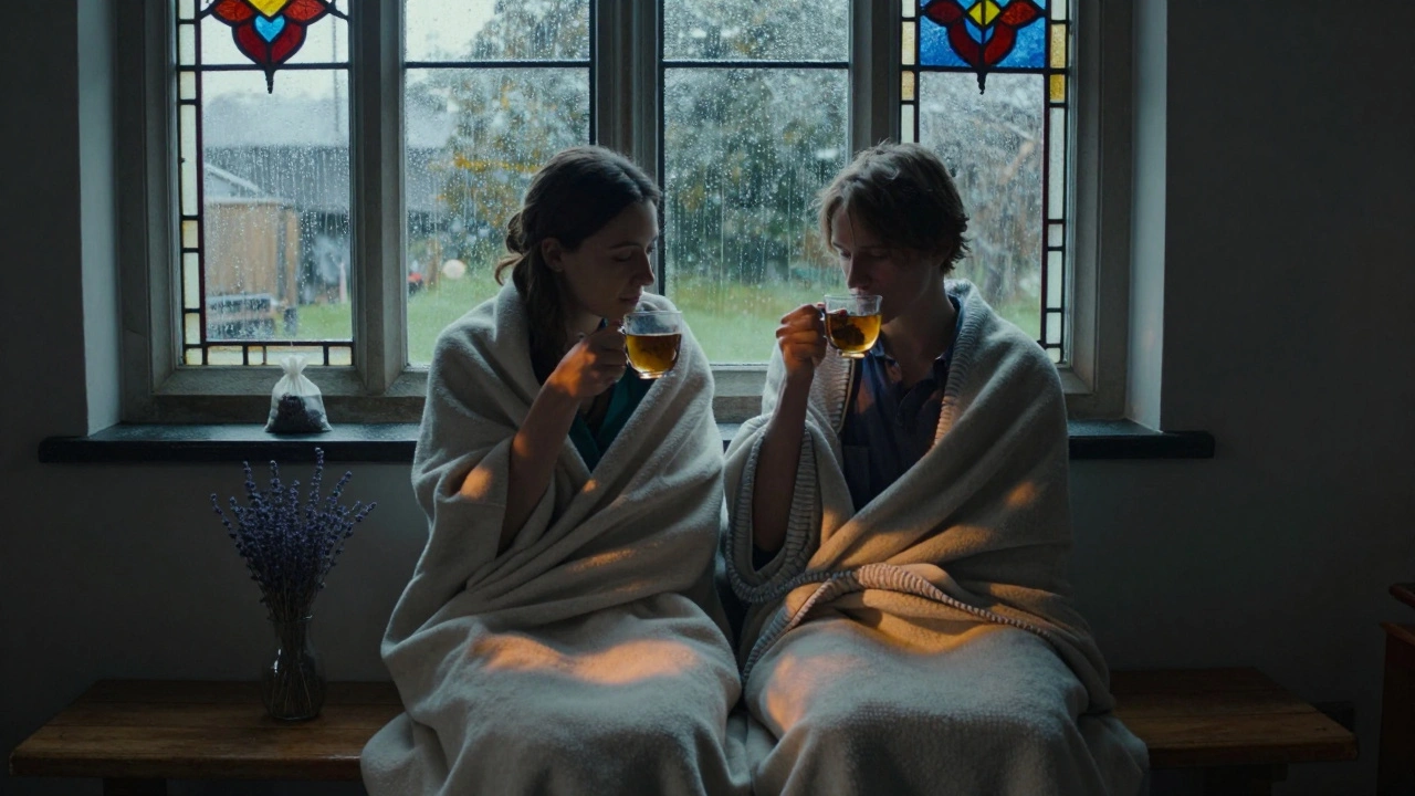 A couple wrapped in blankets after a massage, sitting quietly as colored light shines through stained glass.