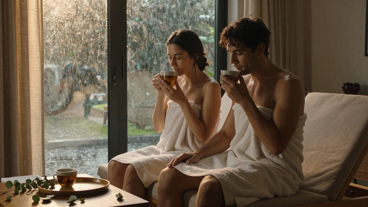 A couple wrapped in towels sipping tea together on a lounge after a massage, golden light filtering through curtains, hands gently touching.