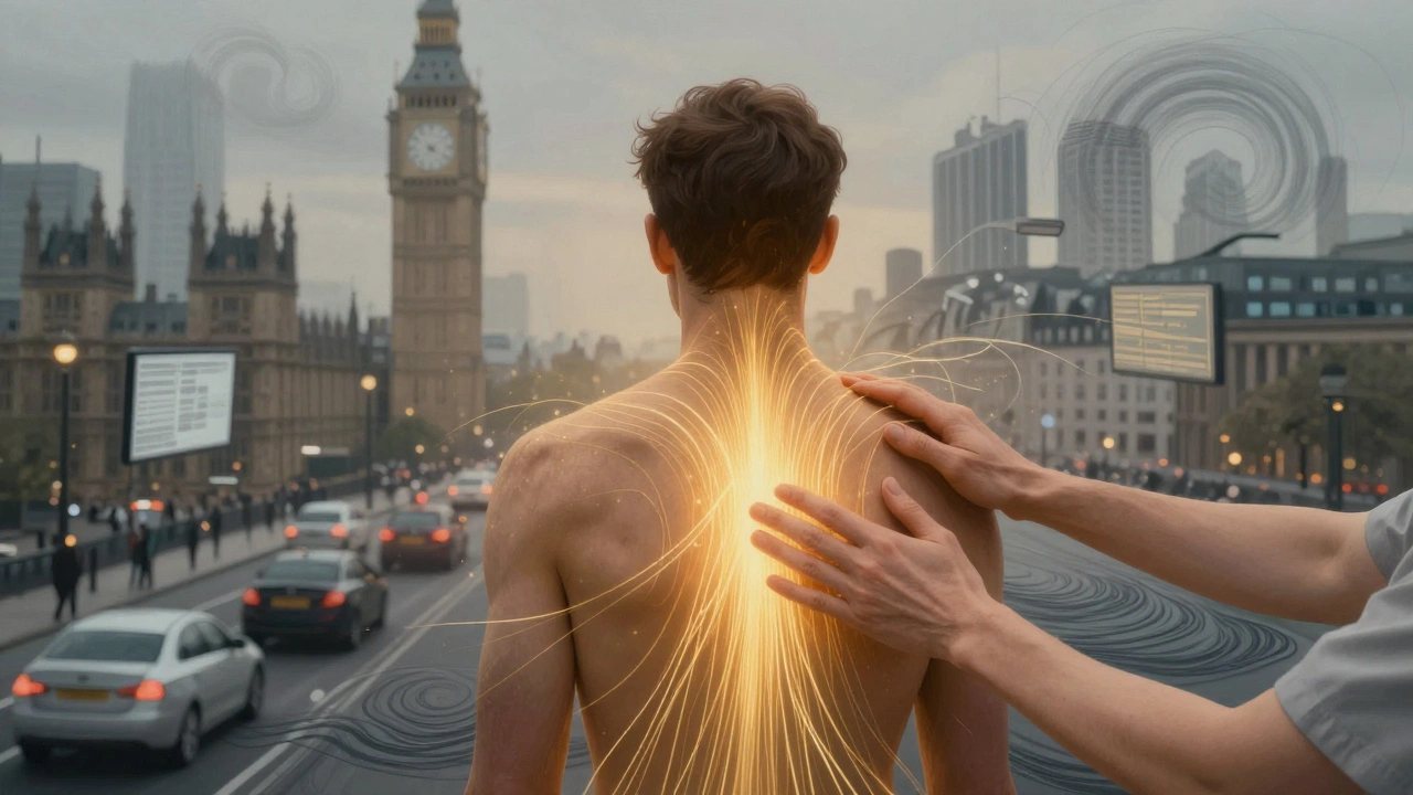 A figure in a busy London cityscape, with tension turning to calm light where massage hands touch the back.