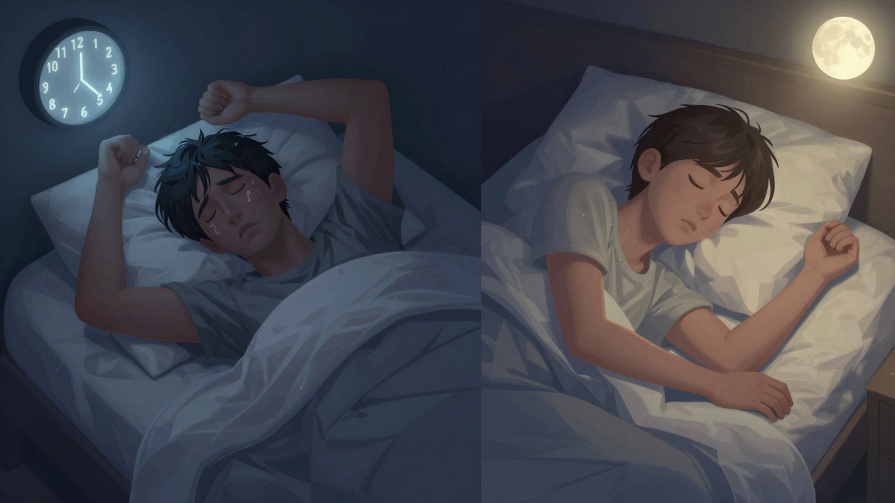 A person transformed from restless night sleep to deep, peaceful slumber under moonlight.