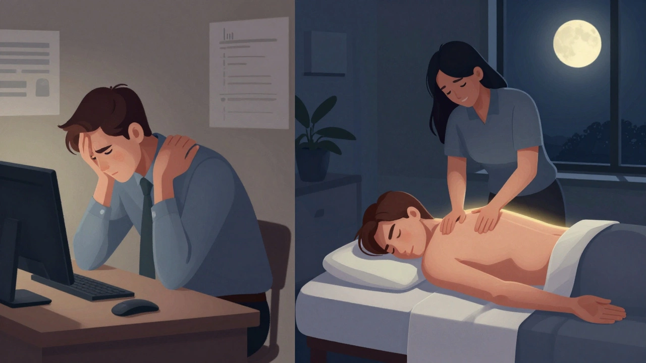 A person transformed from stress to calm: before at a desk, after sleeping peacefully at night with moonlight.