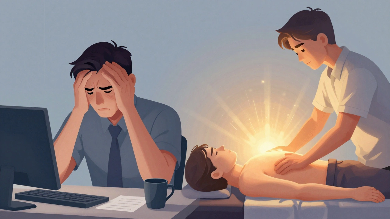 A person transforming from stressed to relaxed after massage therapy.