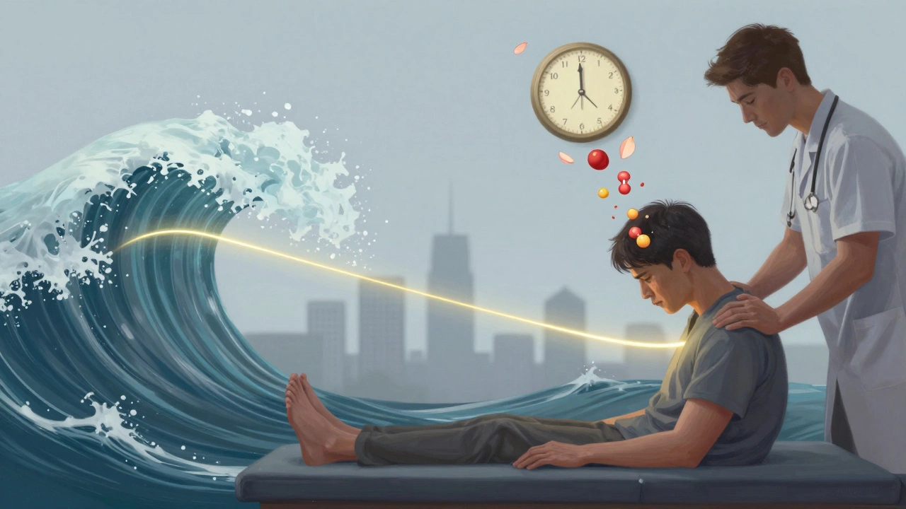 A stressed person being relieved by golden therapeutic energy from a therapist&#039;s hands, cortisol molecules dissolving, symbolic of deep relaxation.