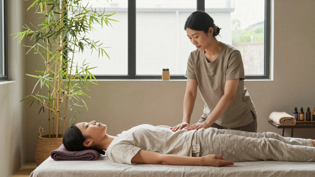 A Thai massage session in a peaceful studio with therapist guiding client through a stretch.
