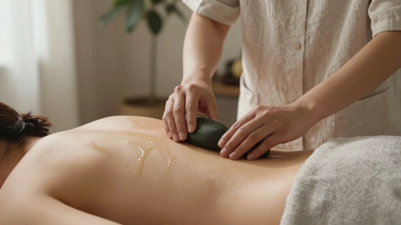 A therapist gently gliding a heated stone along a client's back during a hot stone massage session.
