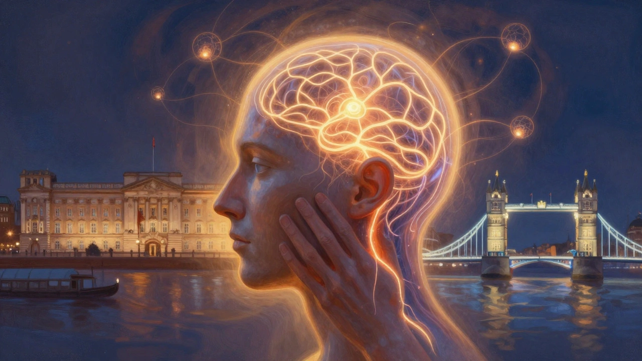 Abstract head with glowing neural pathways connected to London landmarks, symbolizing relaxation.
