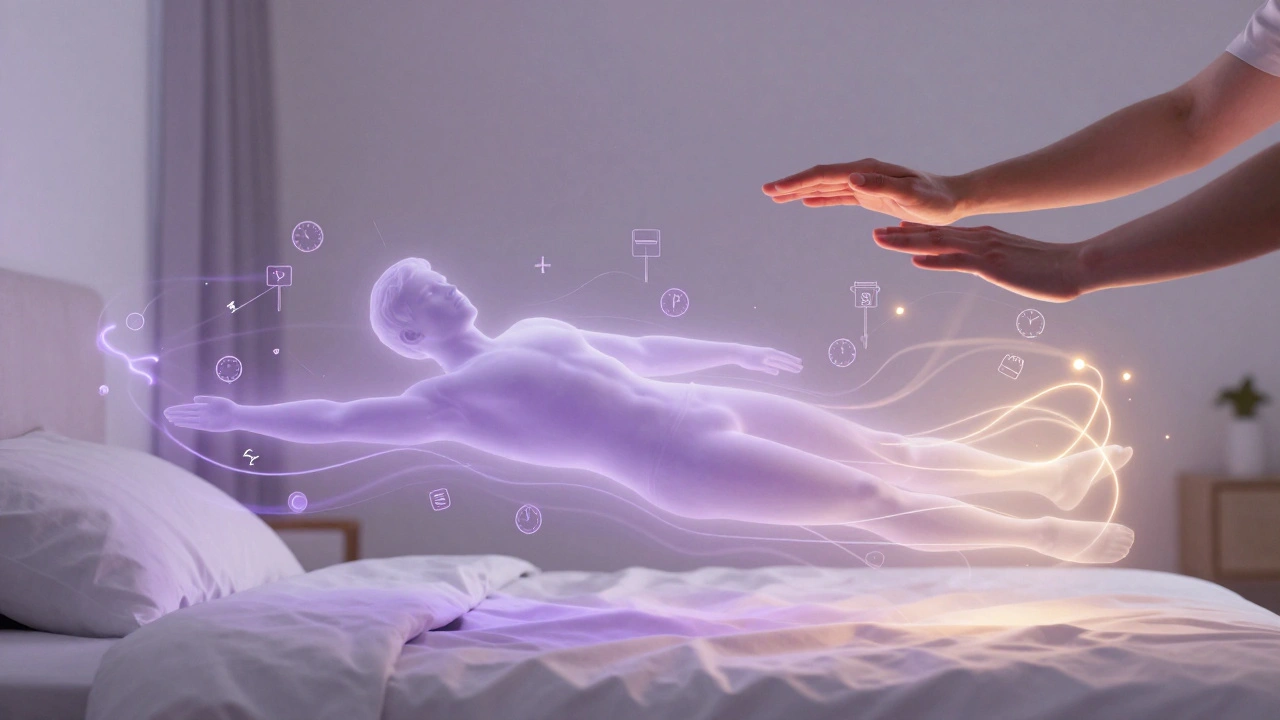 Abstract image of stress symbols dissolving into calming light during home massage.