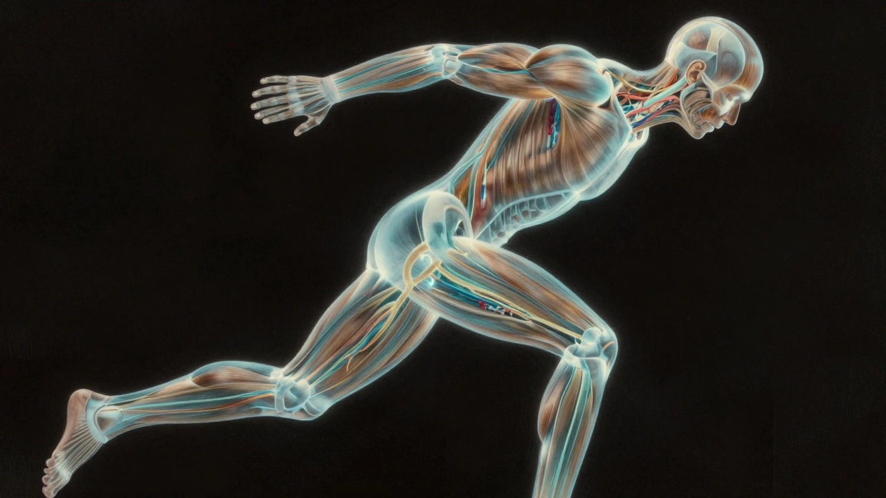 Anatomical illustration showing enhanced blood and lymph flow through an athlete&#039;s body during massage, glowing pathways connecting muscles.