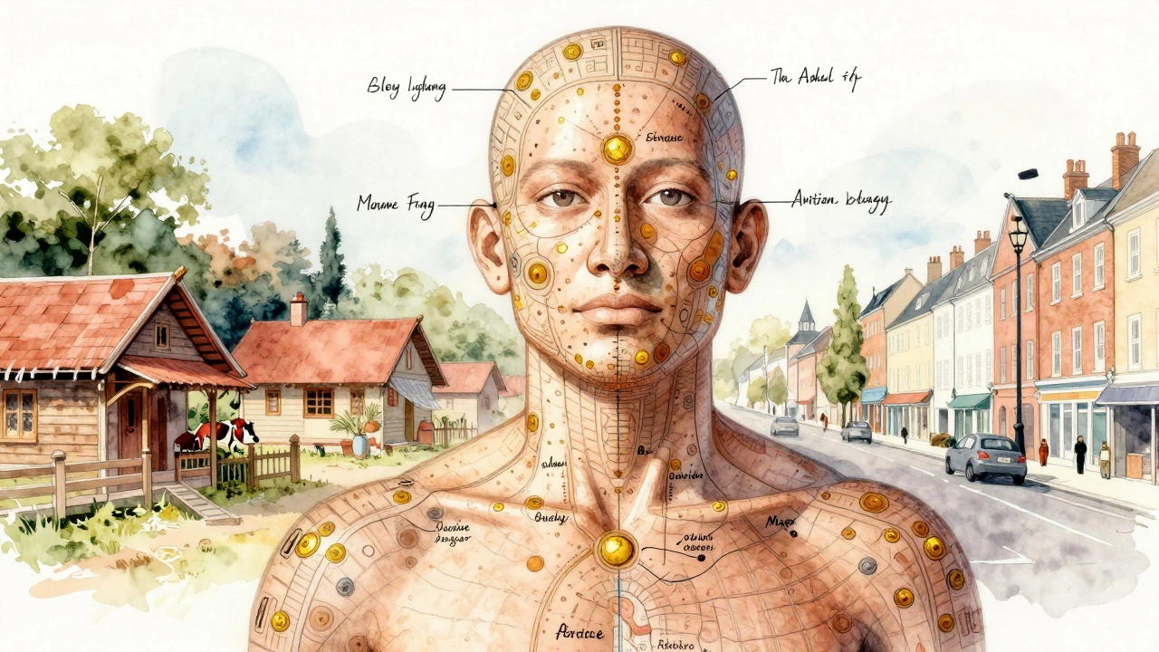 Artistic fusion of Ayurvedic pressure points and urban scenes, no text, earth tones with gold details.