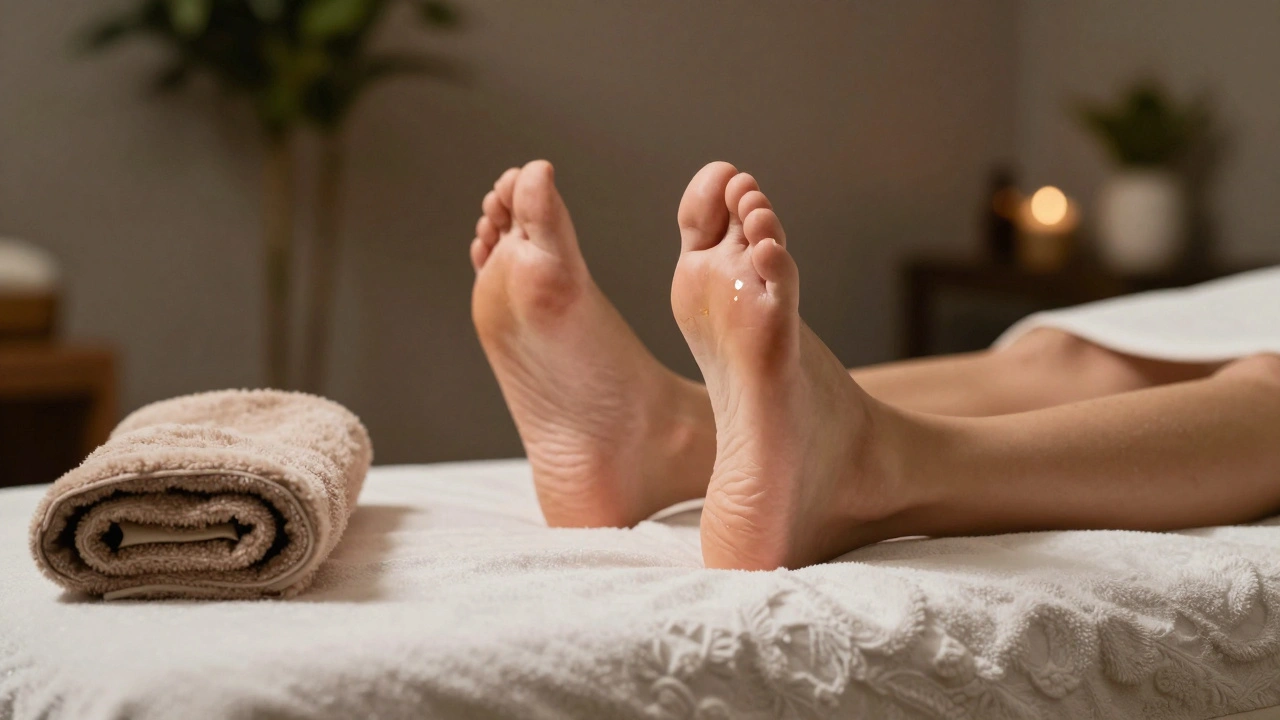 Bare feet on a heated massage table with a drop of oil, towels nearby, peaceful spa ambiance in soft focus.