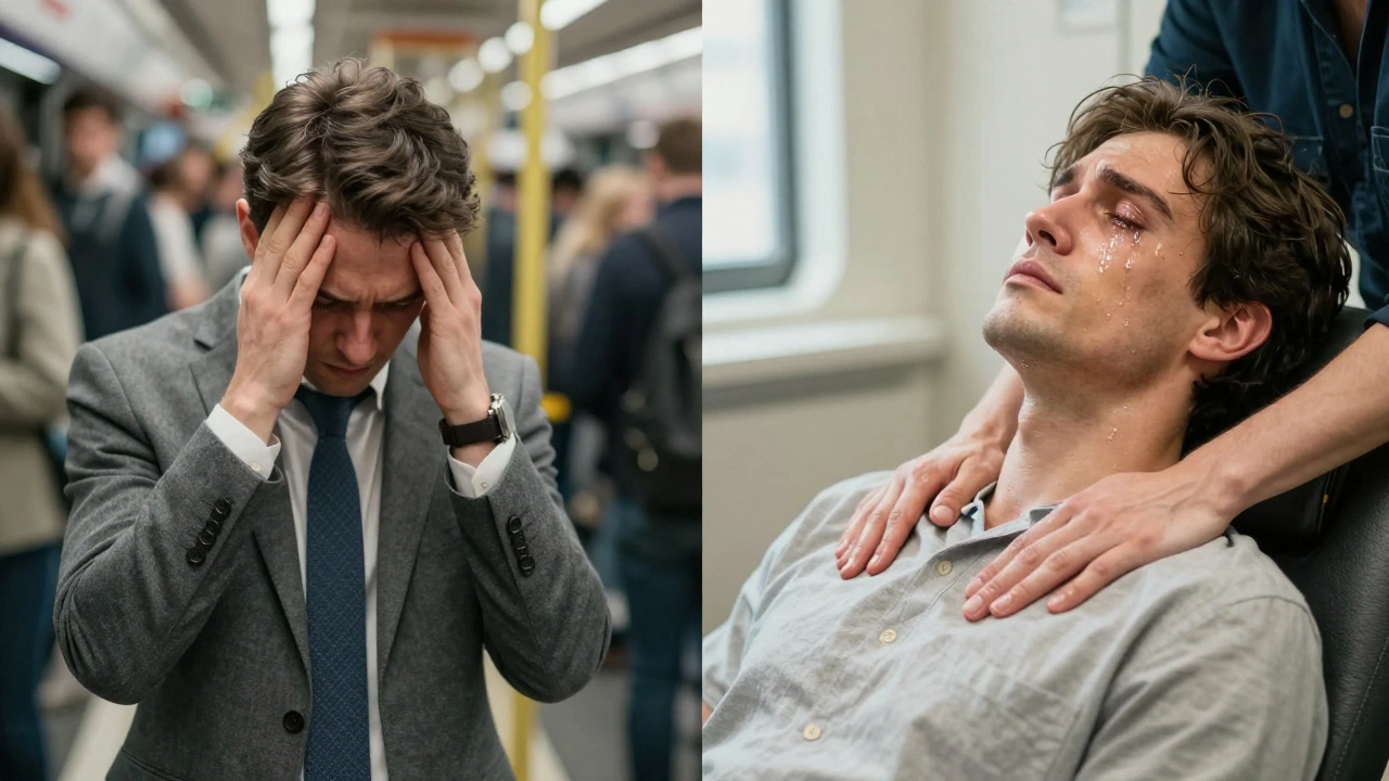 Before and after: stressed commuter transformed into calm person after massage.