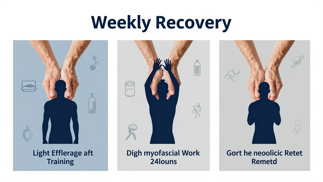 Calendar concept showing three massage phases for athletes with hand gestures and recovery icons, minimalist design in cool tones.