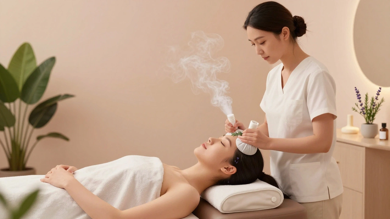 Client receiving a heated herbal compress and acupressure on the forehead in a calm, modern wellness room.