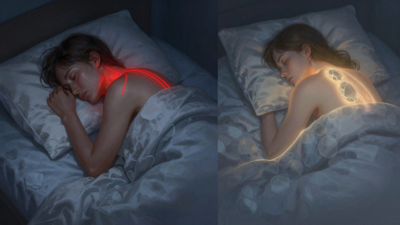 Conceptual image showing tension versus deep sleep, with glowing stone outlines on a relaxed body.