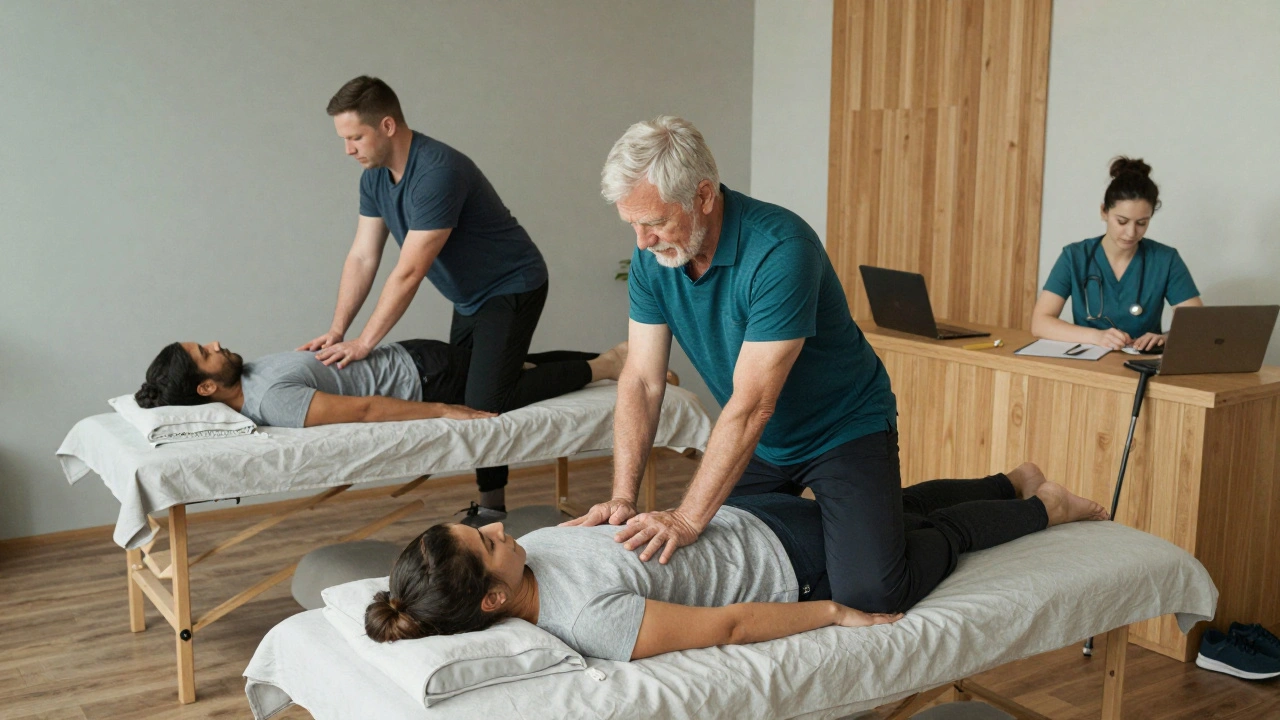 Diverse clients receiving personalized massage therapy in a modern clinic.