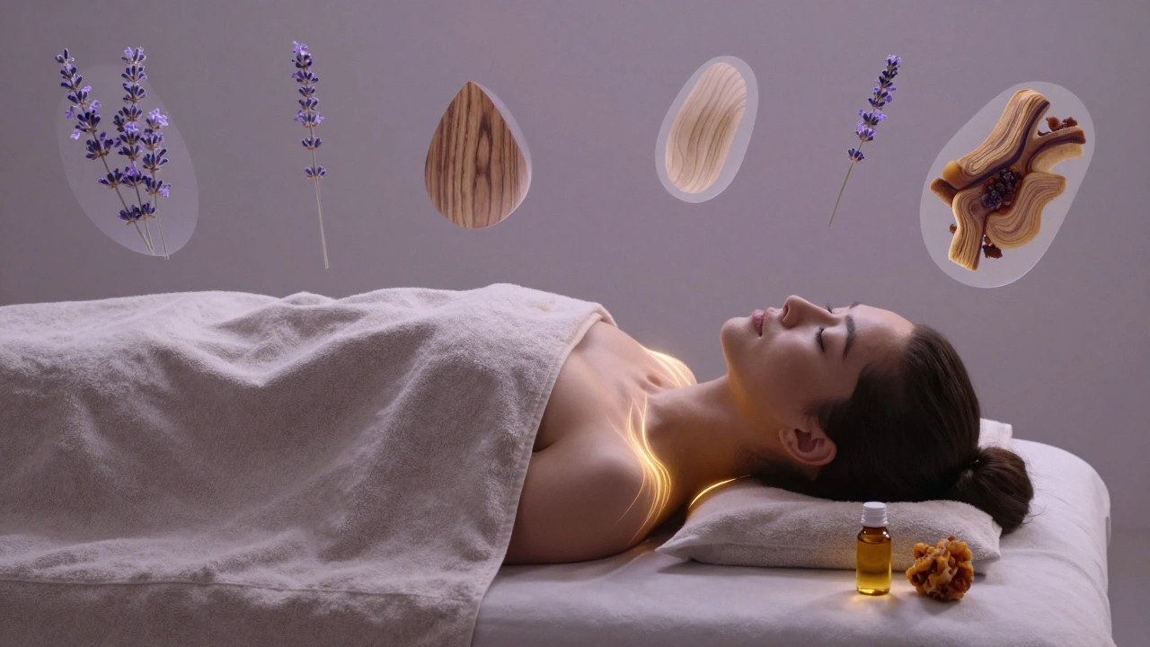 Figure on massage table surrounded by glowing symbols of calming essential oils.