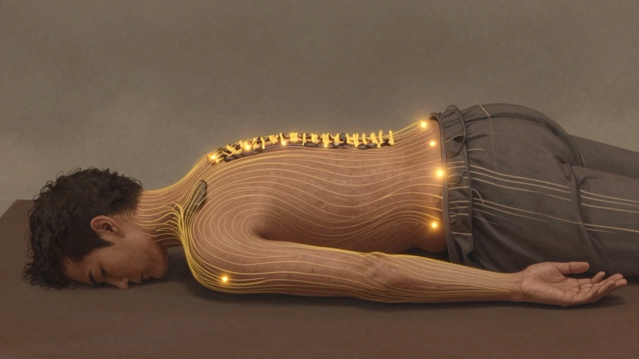 Golden energy lines flowing along the body during Thai massage, highlighting pressure points on hips and spine.