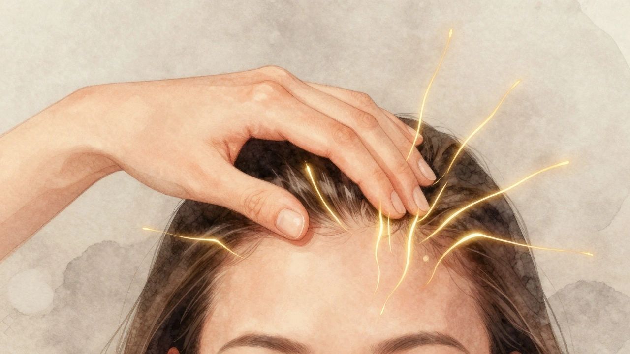 Hand applying pressure along the hairline with glowing lines showing improved blood flow.