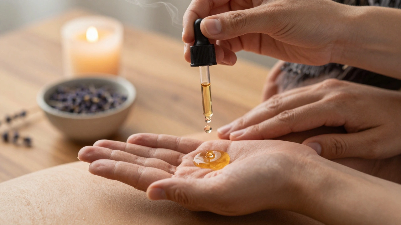 Hands blending essential oil with carrier oil, ready for a calming massage.