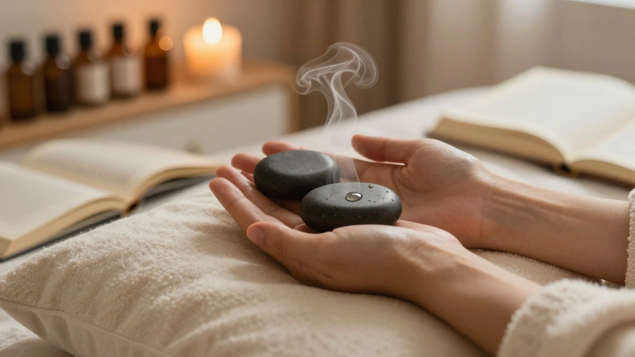Hands resting under a warm blanket with heated stones on the palms, surrounded by soft candlelight and quiet details.