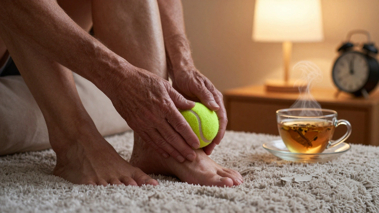 Hands using a tennis ball to massage a foot at night beside a bedside lamp.