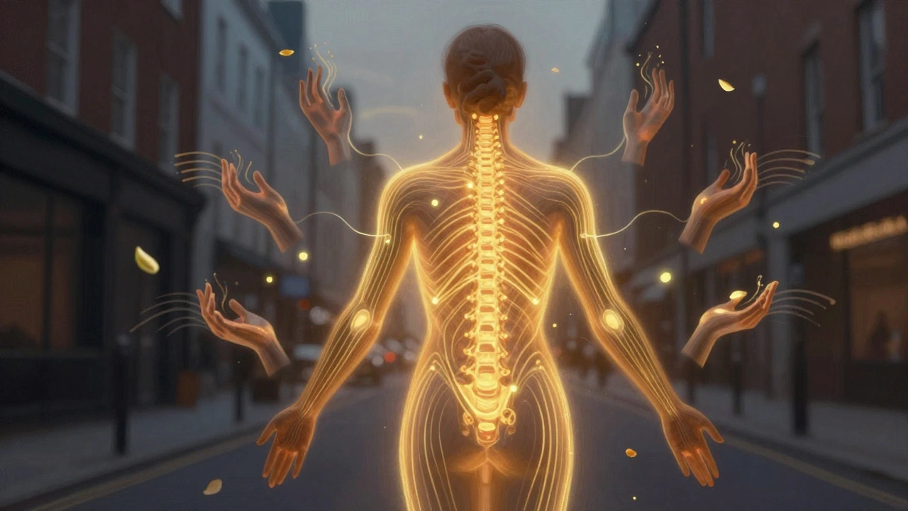 Human figure with glowing energy lines radiating during Thai massage, surrounded by breath and lemongrass petals in an urban setting.