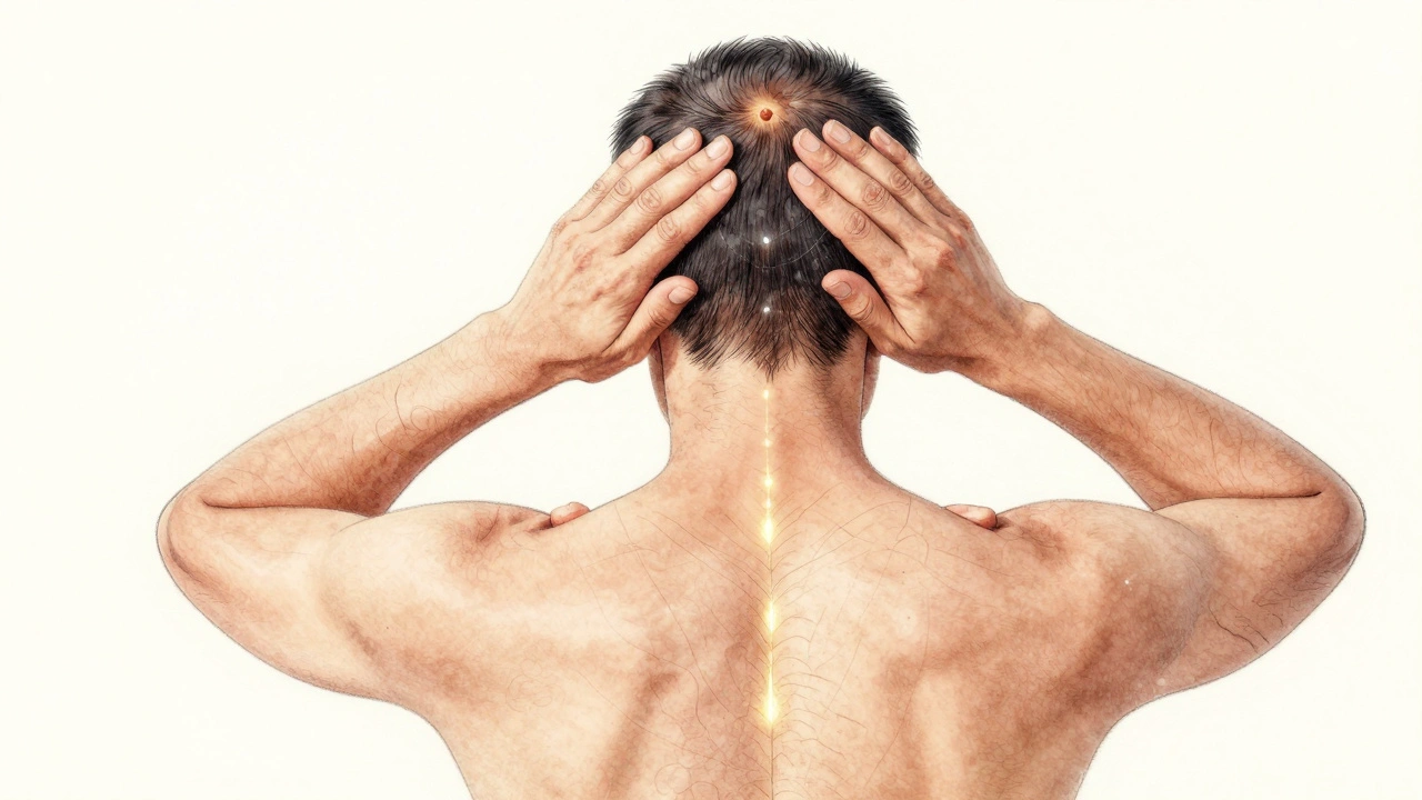 Illustrated diagram showing pressure points and energy flow during Indian head massage.