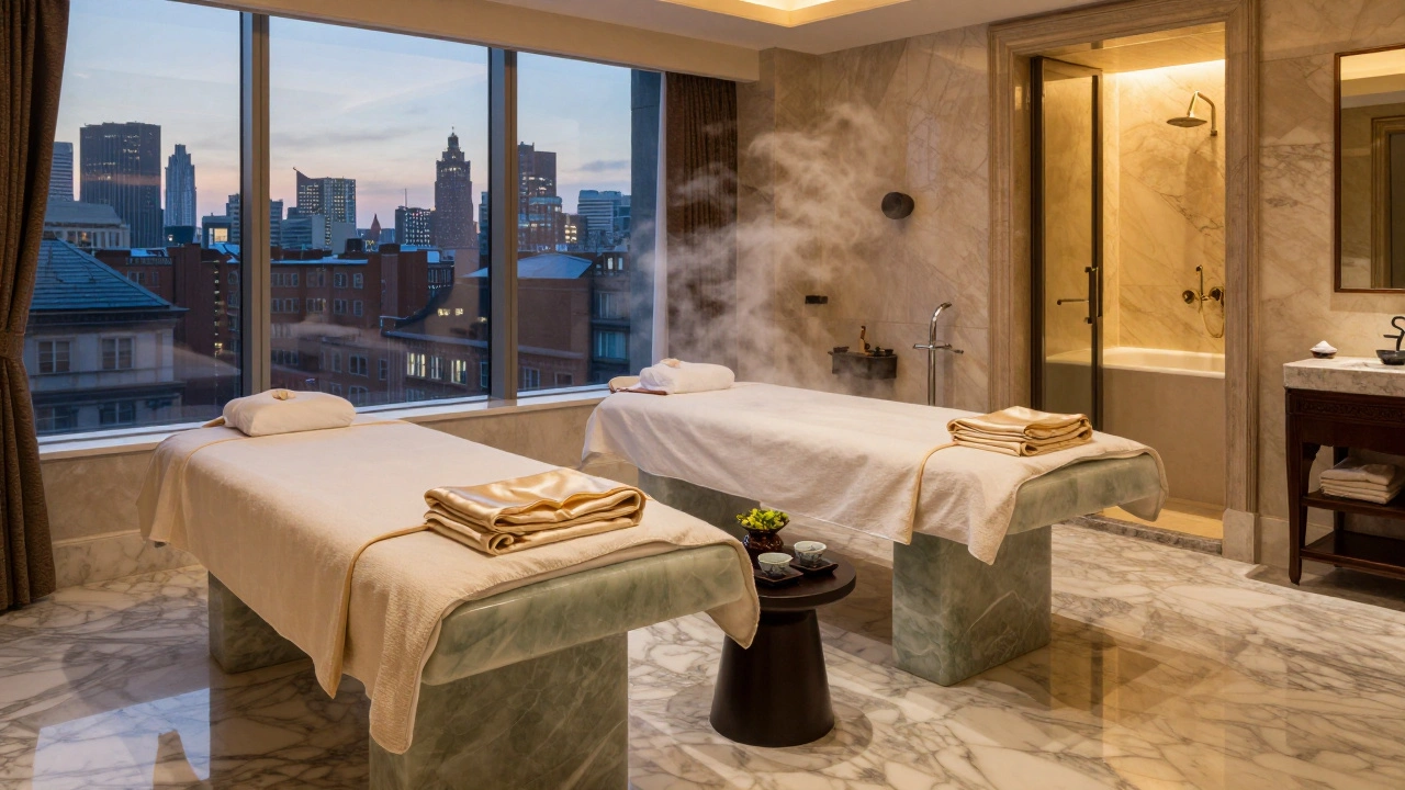 Luxurious couples massage suite with jade stones, silk robes, and a shared tea ceremony overlooking London's skyline.