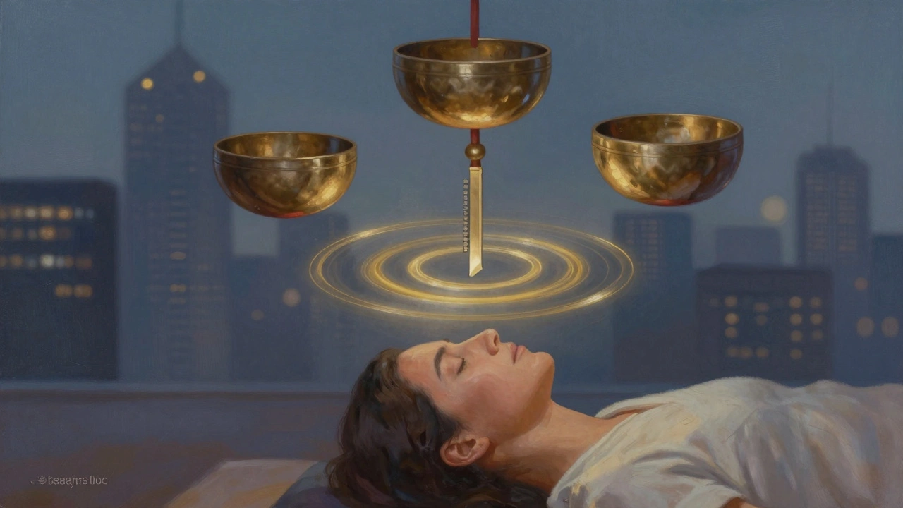 Meditative head massage with sound waves radiating from tuning forks above a relaxed client&#039;s crown.