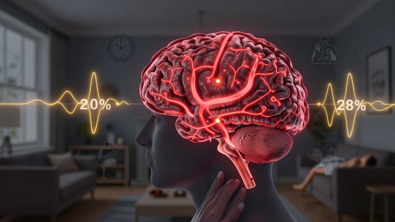 Neuroscientific illustration of a brain calming during massage, with glowing serotonin waves and reduced pain signals.