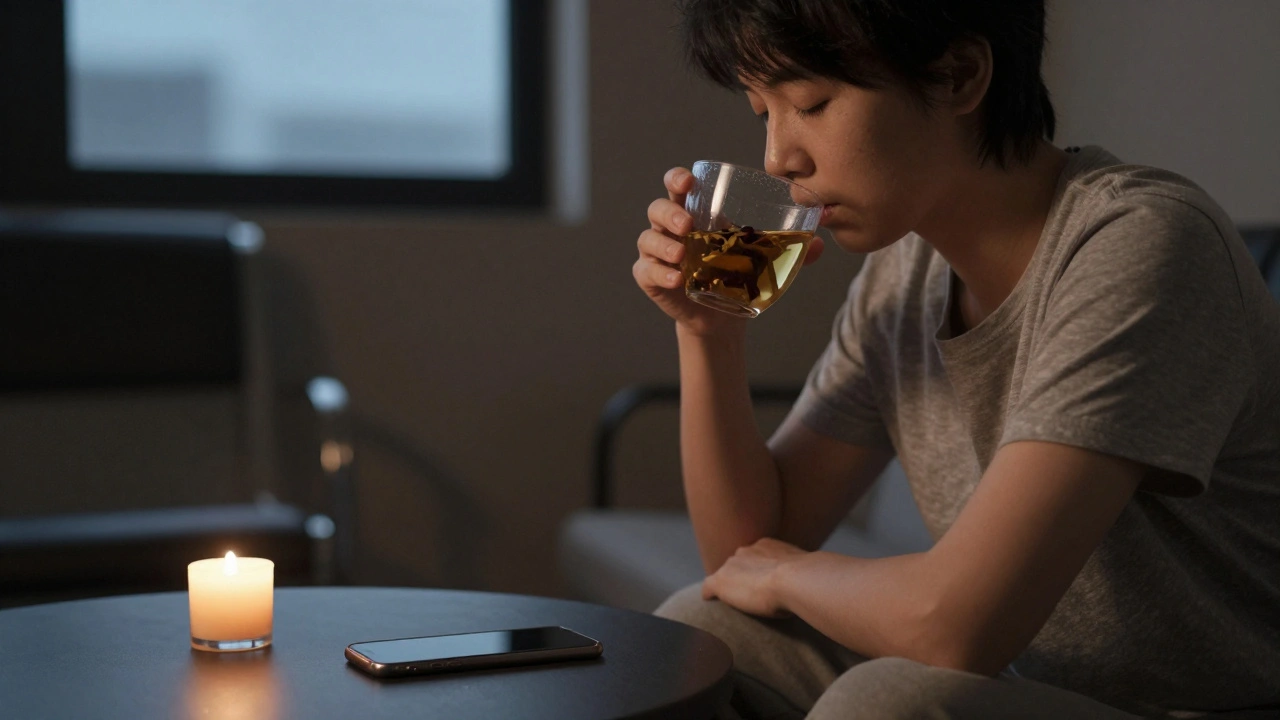 Person relaxing after massage, sipping tea with phone face down.